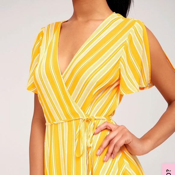 Lulus Sun Times Yellow Striped Wrap Dress - Picture 4 of 5